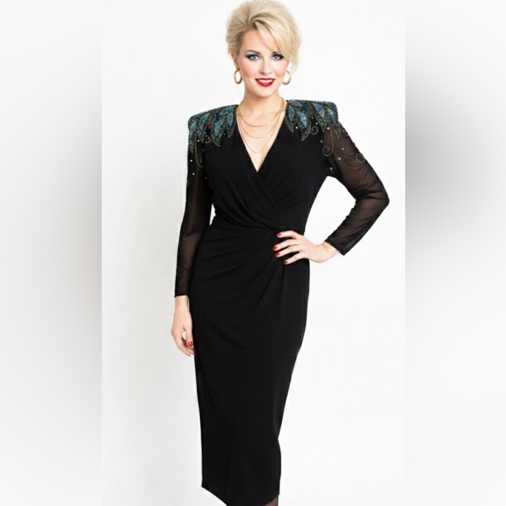 VNTG 1982 Casadei Beaded Cocktail Dress 80s Shoulder Pads Sequin Zip Back Wrap